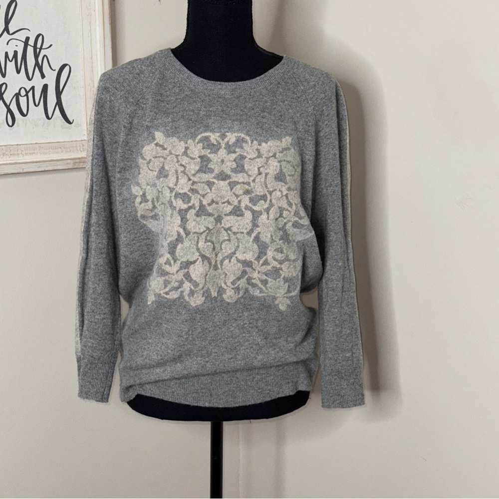 J. Crew Cashmere Blend Floral Appliqué Sweater Gray Size S
